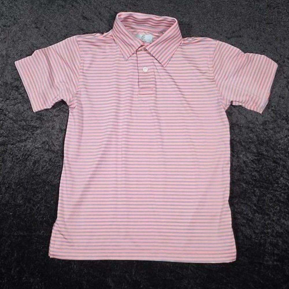 Class Club Boys Pink Grey Striped Polo Shirt Modern Fit Size 8 Short Sleeve
